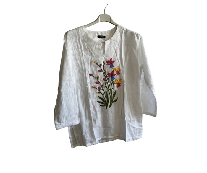 Bluse, Bomuld, Hvid m/blomster, Buket