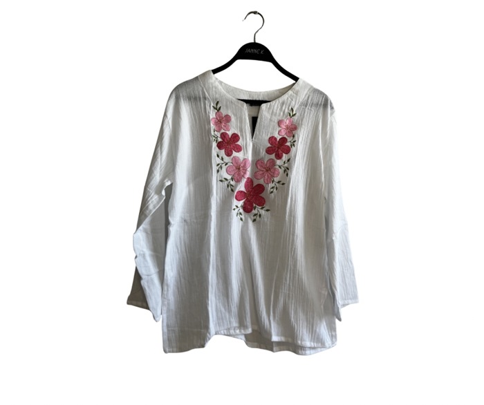 Bluse, Bomuld, Hvid m/blomster, Rosa