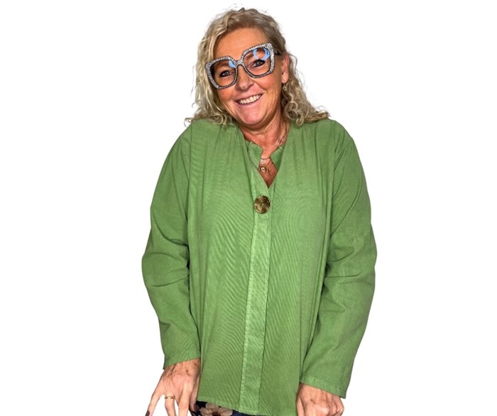 Bluse, Fløjl, m/stor knap (6086), Æblegrøn