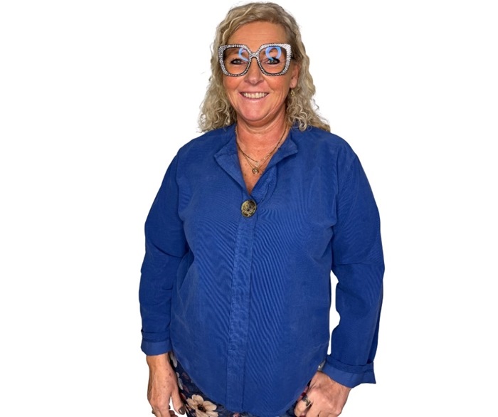 Bluse, Fløjl, m/stor knap (6086), Blå