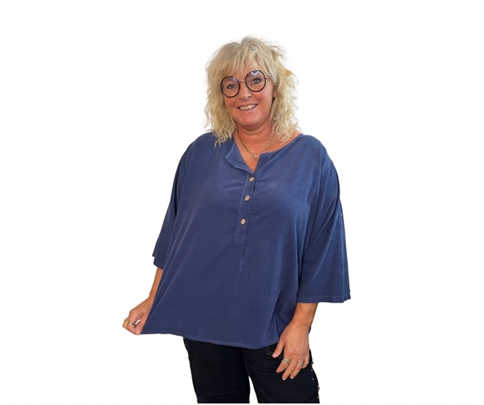 Bluse, Fløjl m/2 knapper, One size (9297) Blå