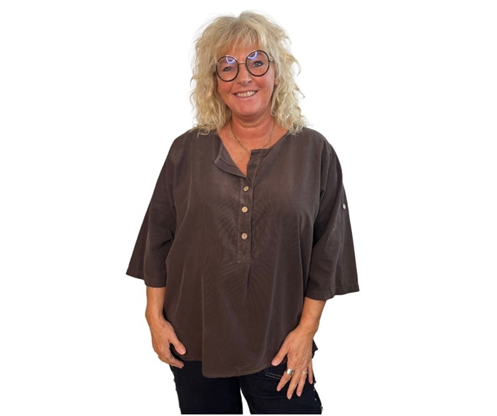 Bluse, Fløjl m/2 knapper, One size (9297) Brun