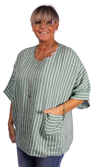 Bluse, Hør, X-serie, m/Rund hals, Stribet, Gasoline