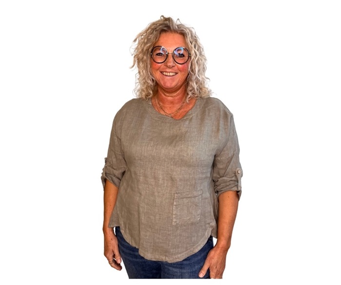 Bluse, Hør m/1 lomme og rund hals (6245) Fango