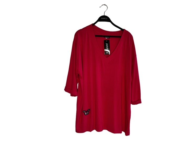 Bluse, Viscose m/v-hals og rosa sommerfugl, Pink