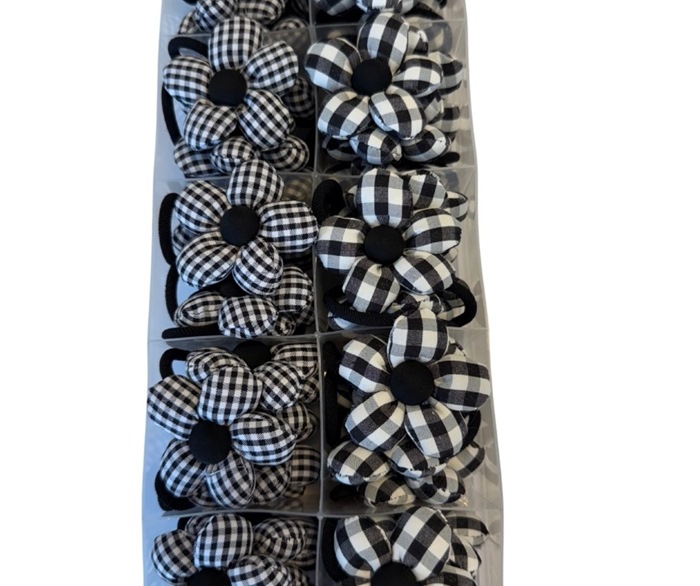 Hår elastik, m/blomster, Sort/hvid  50 STK