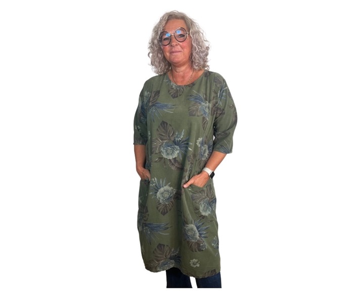 Kjole, Fløjl m/Blomsterprint, Army (8126)