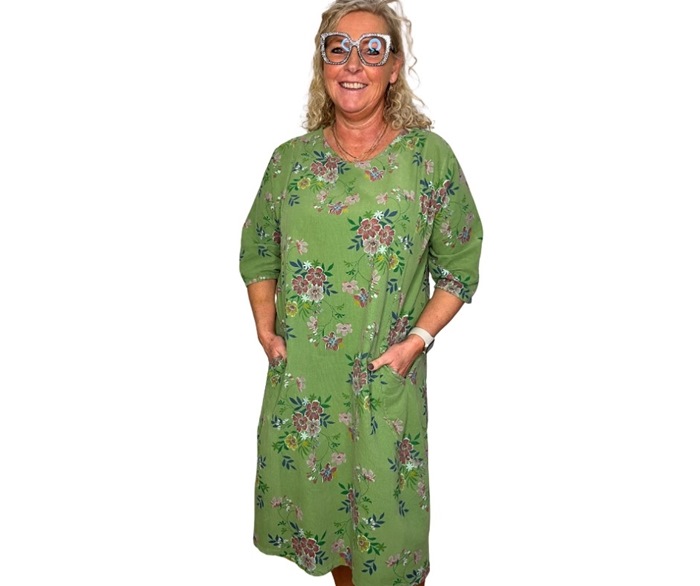 Kjole, Fløjl m/blomsterprint (8126/S) Æblegrøn