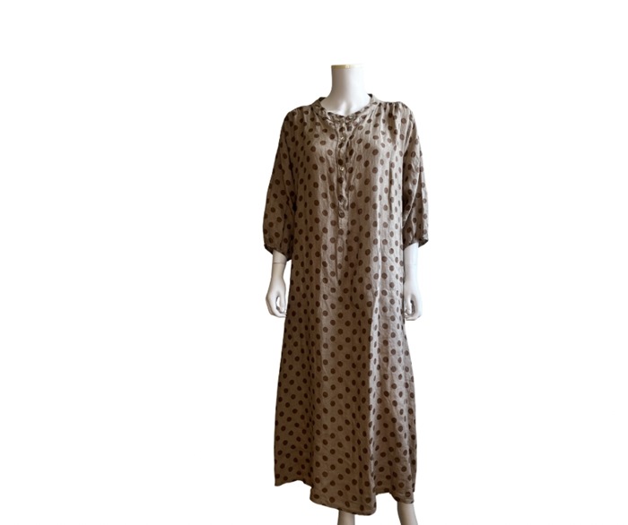 Kjole, Hør, Lang m/stolpe og elastikærme, Beige m/camel dot