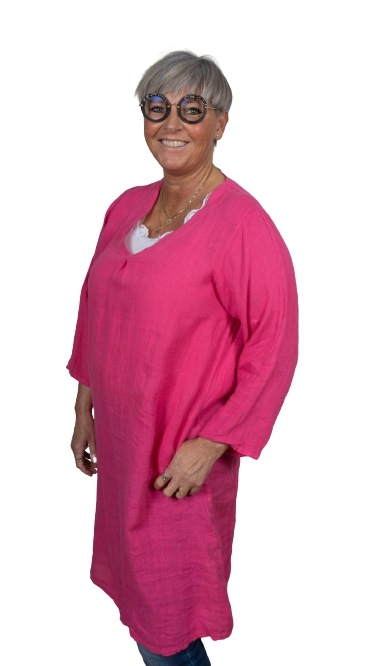 Kjole, Hør, kort m/læg i V, Fuchsia