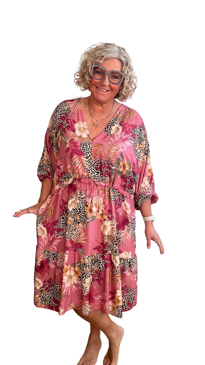 Kjole, Viscose, Kort m/blomster og leoprint, Rosa