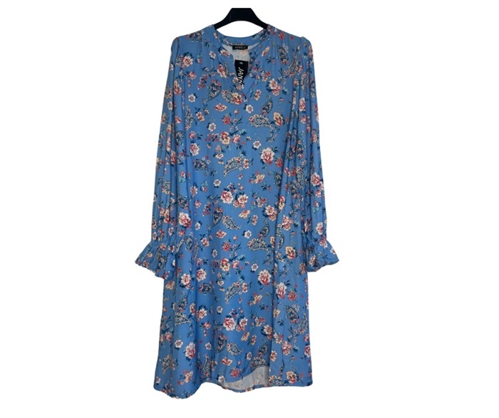 Kjole, Viscose m/blomster og paisley, Himmelblå