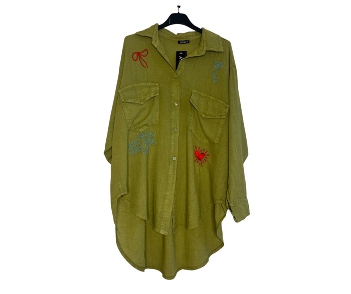 Skjorte, Hør/Viscose m/farvet broderi, Lime