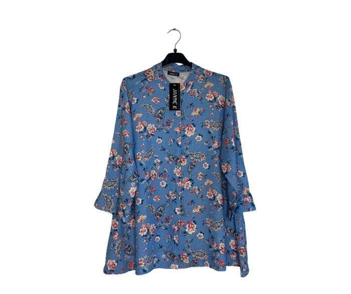 Skjorte, Viscose, m/blomster og paisley, Himmelblå