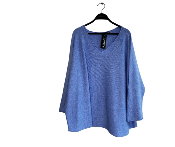 Strik bluse m/V-hals, Lang, One size, Blå