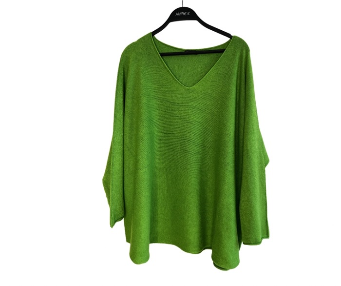 Strik bluse m/V-hals, Lang, One size, Grøn