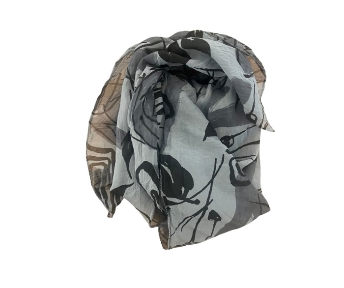 Tørklæde silke/bomuld, Blade og striber, Grå