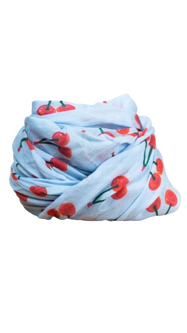 Tørklæde silke/bomuld, Kirsebær, Himmelblå