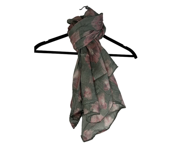 Tørklæde silke/bomuld, Store Rosa Blomster, Grøn