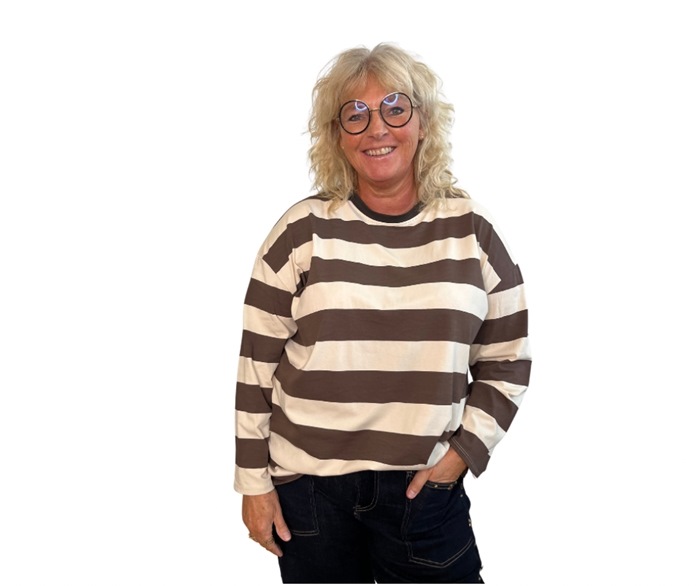 T-shirt, Bomuld, langærmet, Stribet Brun/beige