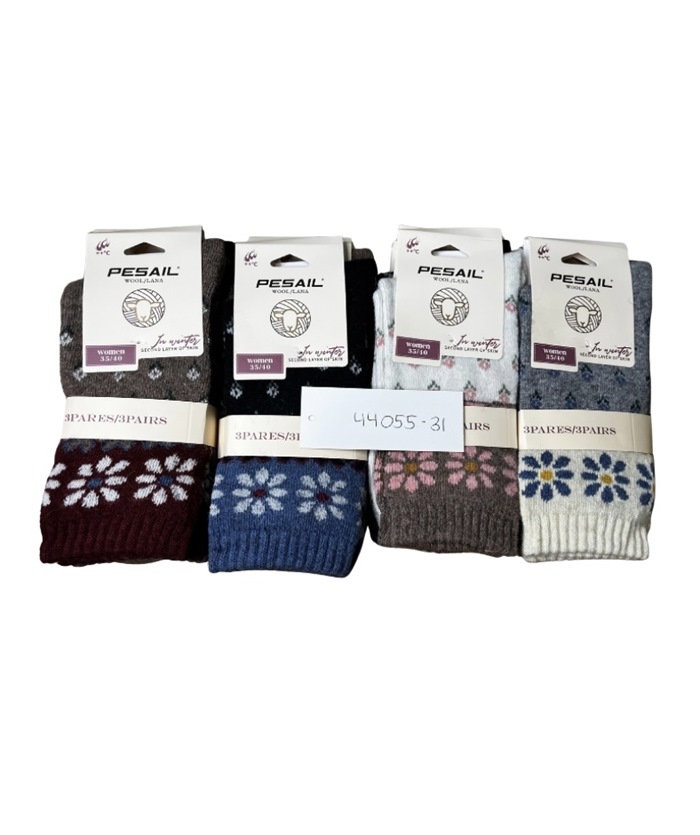 Uldstrømpe, 35-40, Pk. m/12 par, Print LM8620, Blomster på skaft