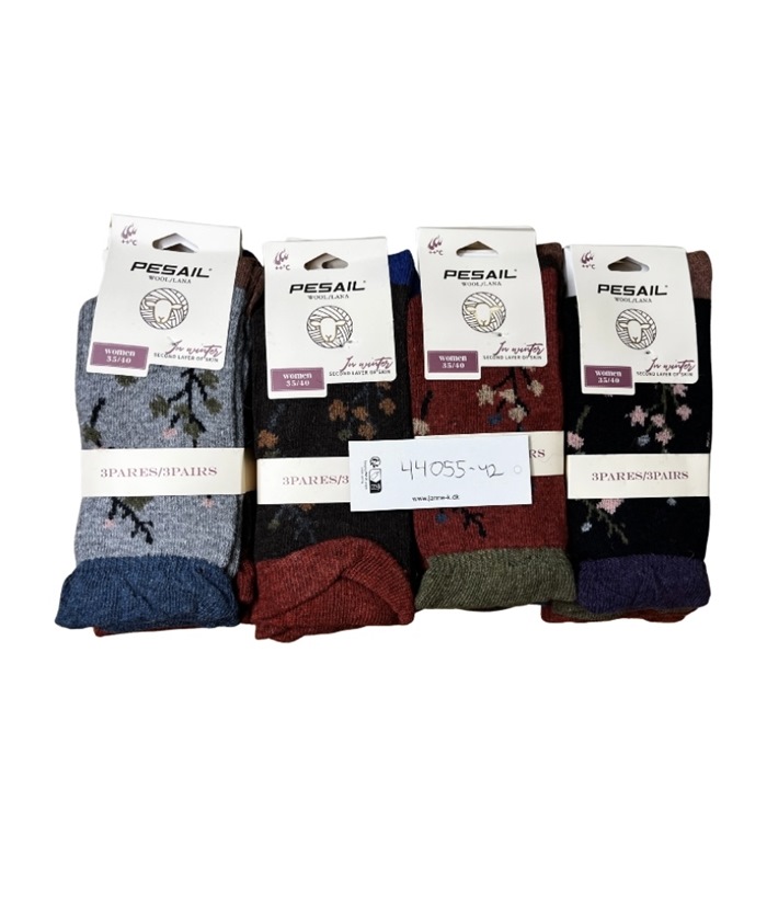 Uldstrømpe, 35-40, Pk. m/12 par, Print LM8629, Blomster Ranker