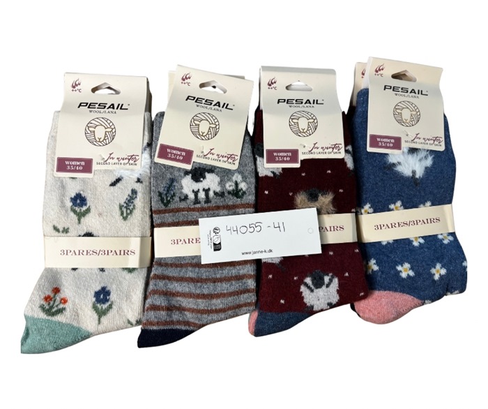 Uldstrømpe, 35-40, Pk. m/12 par, Print LM8648, Får og Blomster