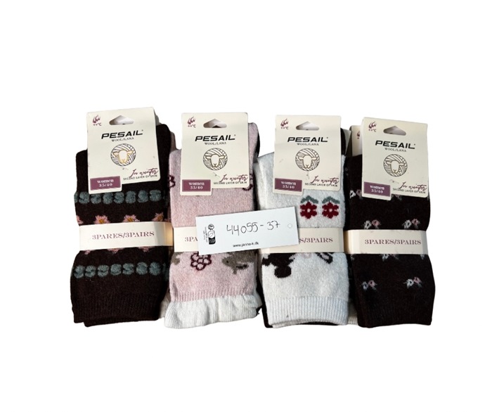 Uldstrømpe, 35-40, Pk. m/12 par, Print LM8672, Ass. Blomster